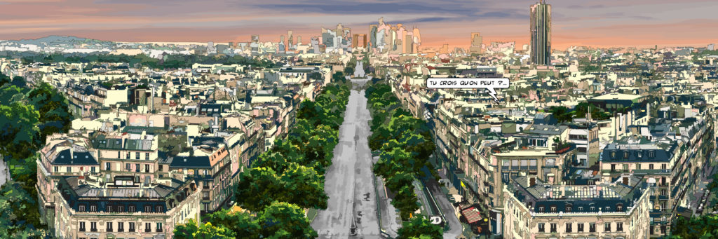 Vue aérienne des Champs-Élysées pendant le confinement — art Ligne Claire Paris — Philippe Matine