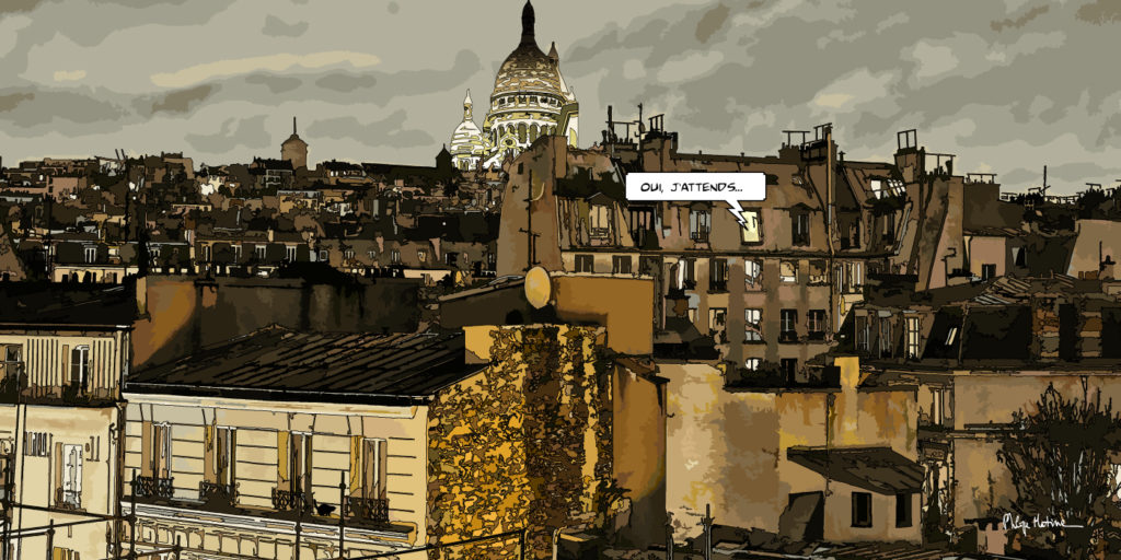 Toits de Paris avec Sacré-Cœur en fond — art Ligne Claire Paris — Philippe Matine