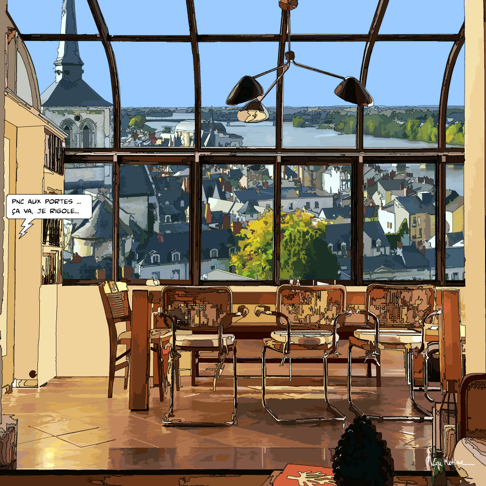 Verrière loft Saumur vue sur la ville — art Ligne Claire Intérieurs — Philippe Matine