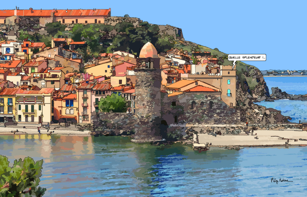 Port de Collioure façades colorées — art Ligne Claire Marseille — Philippe Matine