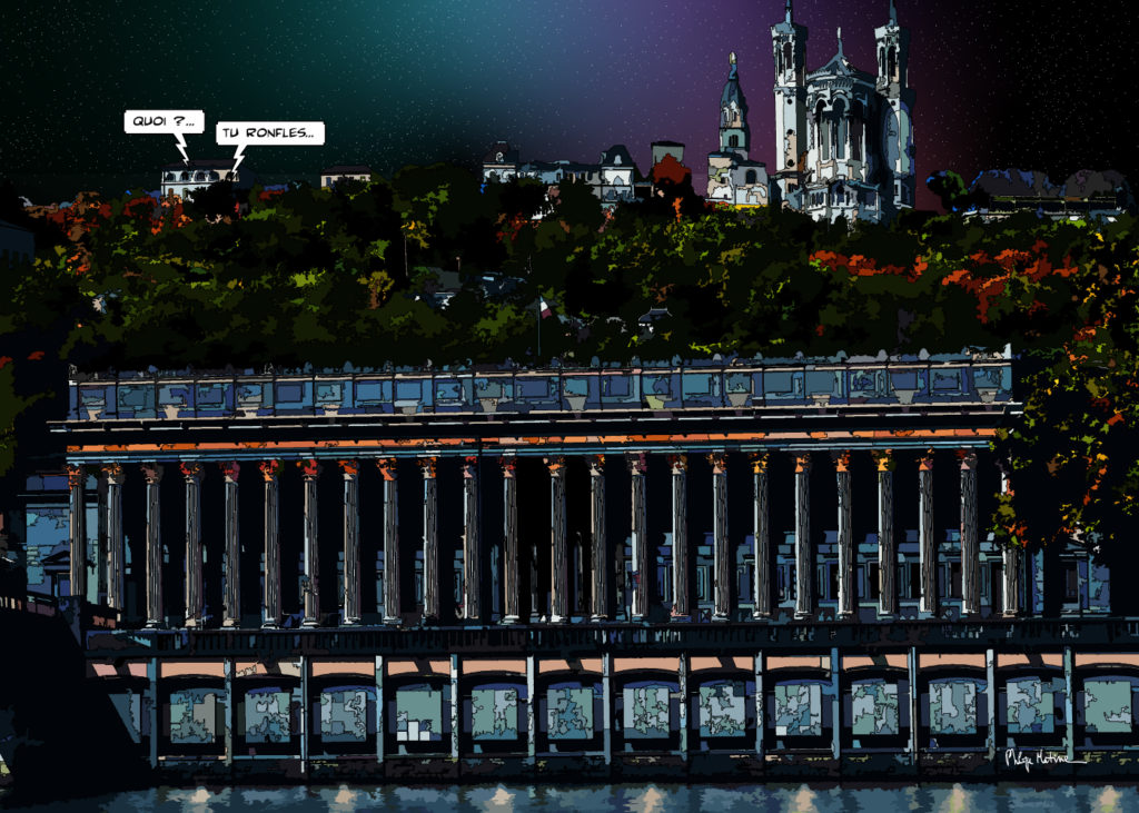 Les 24 colonnes Lyon place Antonin Poncet nuit — art Ligne Claire Lyon — Philippe Matine