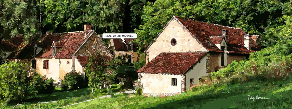 Maison percheronne prairie verdoyante — art Ligne Claire Le Perche — Philippe Matine