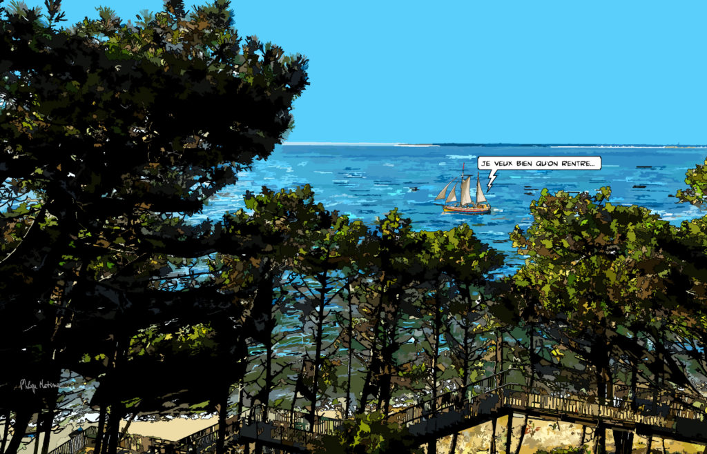 Retour au port Arcachon en bateau — art Ligne Claire Bordeaux — Philippe Matine
