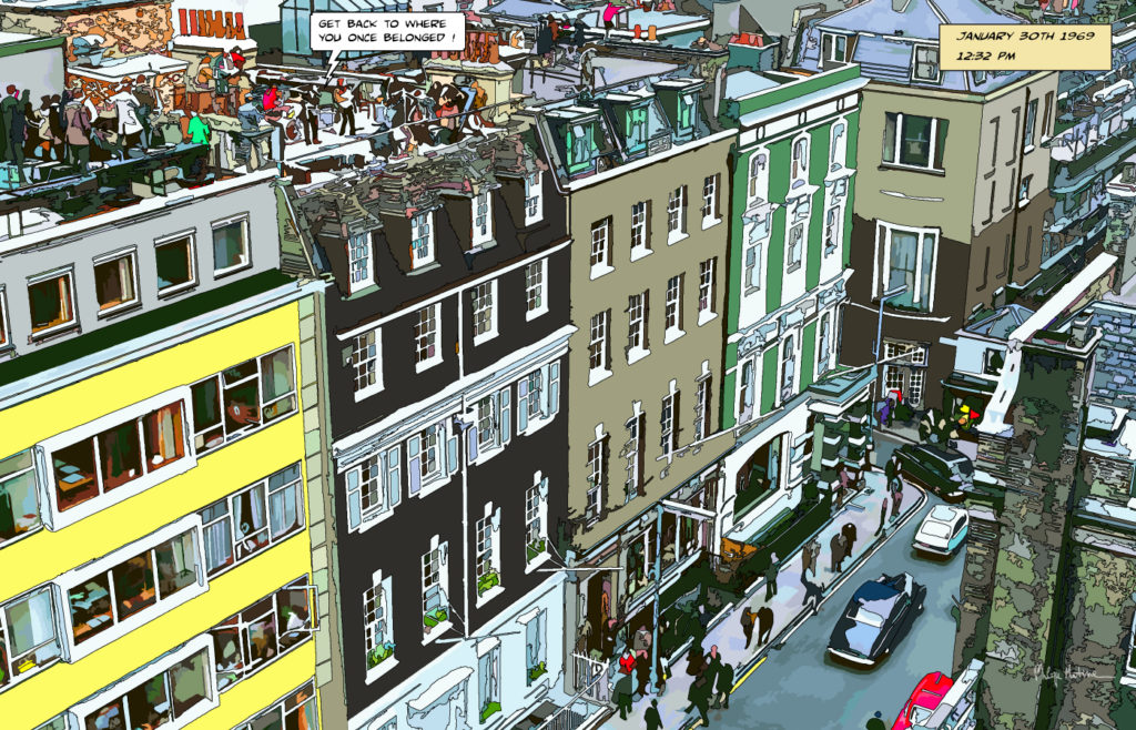 Rue londonienne colorée façades — art Ligne Claire London — Philippe Matine