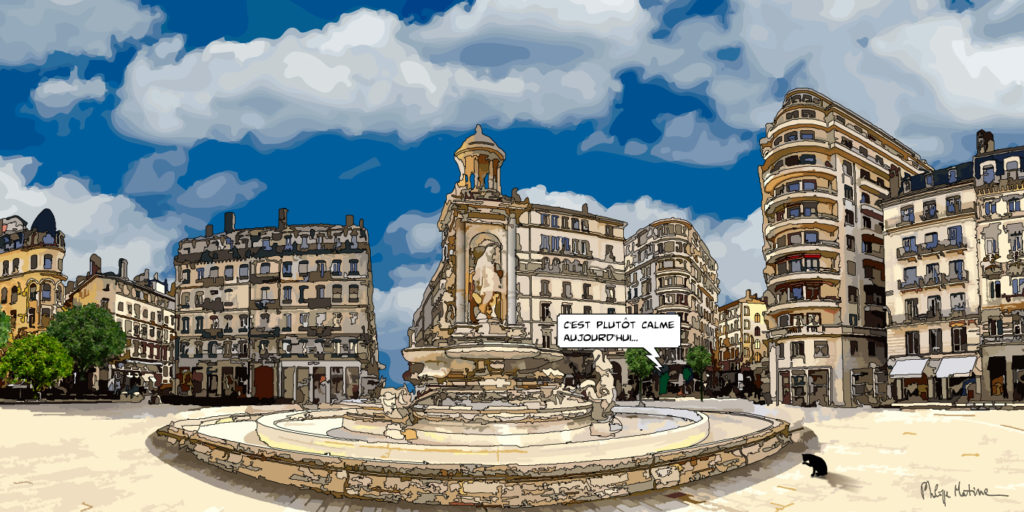 Place des Jacobins Lyon fontaine et façades — art Ligne Claire Lyon — Philippe Matine