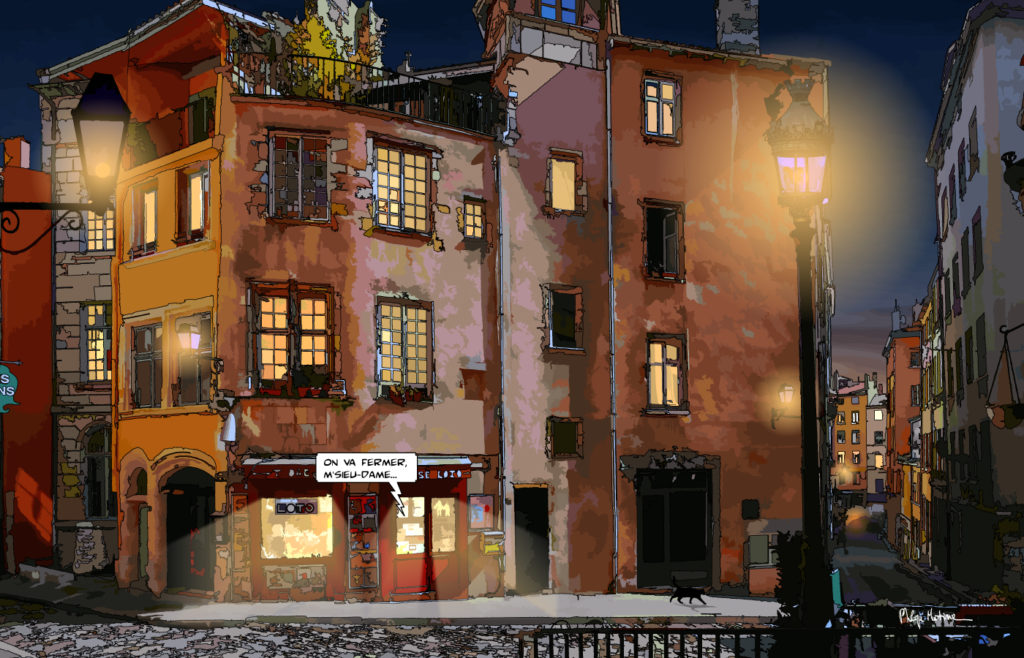 Place de la Trinité Lyon scène de quartier — art Ligne Claire Lyon — Philippe Matine