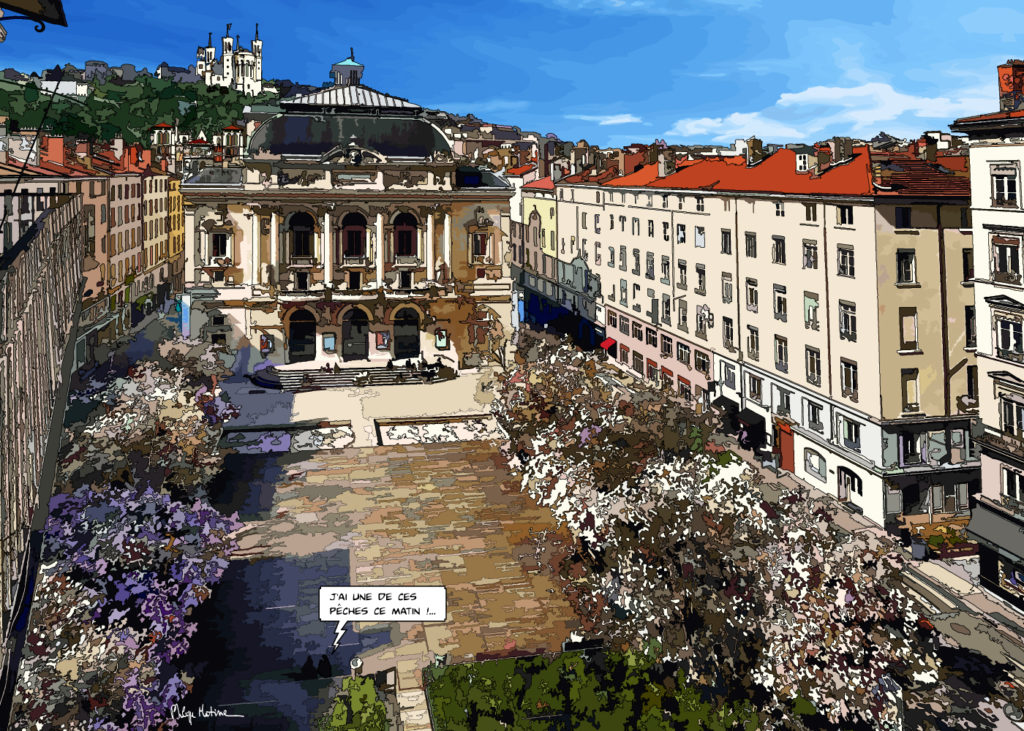 Place du Théâtre Lyon façades dorées — art Ligne Claire Lyon — Philippe Matine