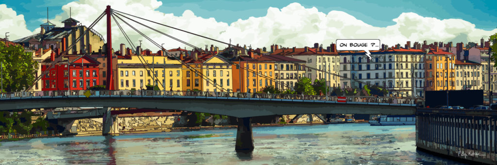 Quais de Saône Lyon façades colorées — art Ligne Claire Lyon — Philippe Matine