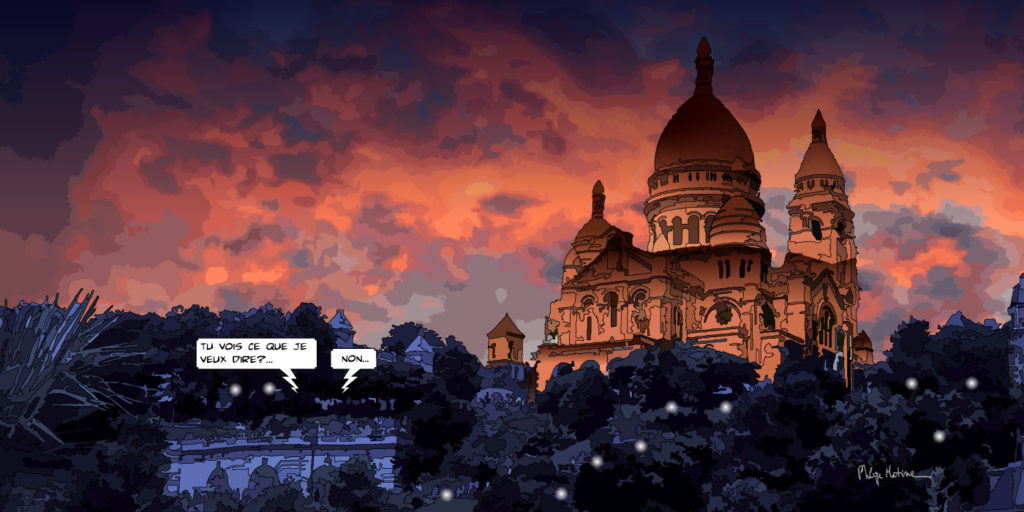 Sacré-Cœur de Montmartre aux tons rouges — art Ligne Claire Paris — Philippe Matine