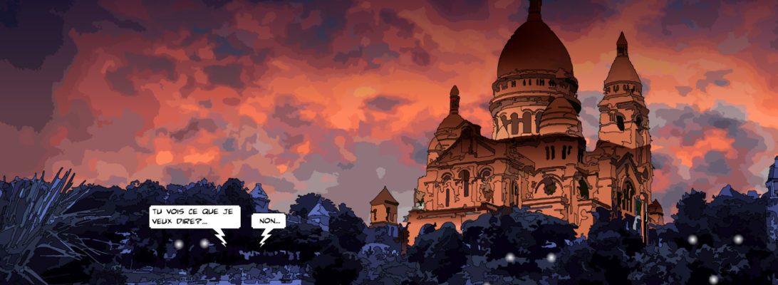 Sacré-Cœur de Montmartre aux tons rouges — art Ligne Claire Paris — Philippe Matine
