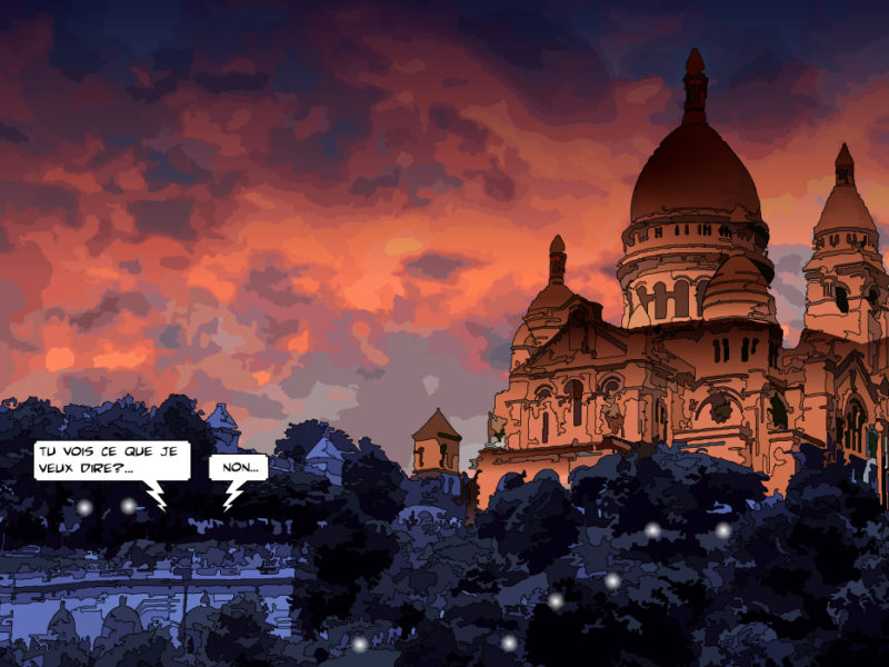 Sacré-Cœur de Montmartre aux tons rouges — art Ligne Claire Paris — Philippe Matine