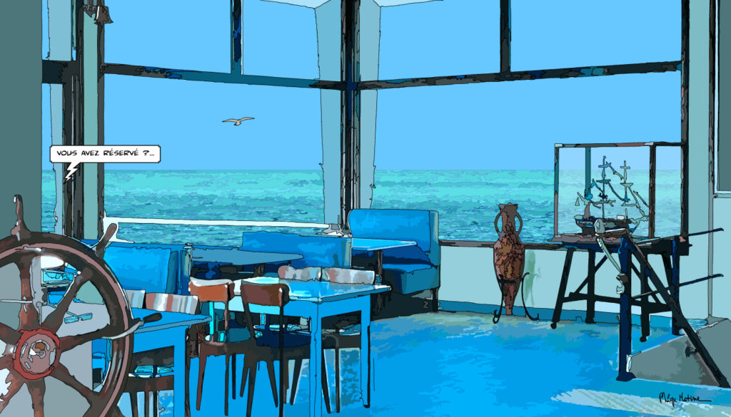 Restaurant au bord de la mer intérieur cosy — art Ligne Claire Intérieurs — Philippe Matine