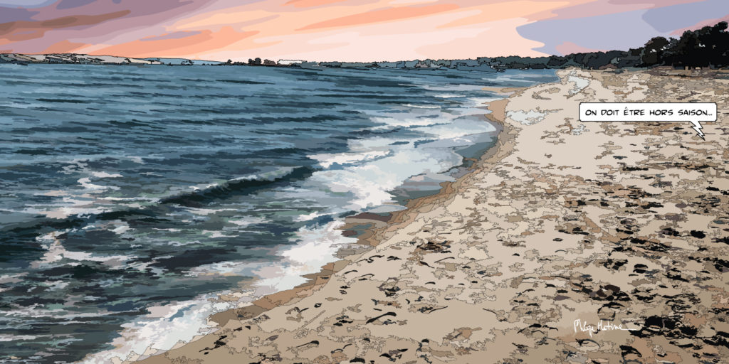 Plage d'Arcachon hors saison vagues — art Ligne Claire Bordeaux — Philippe Matine