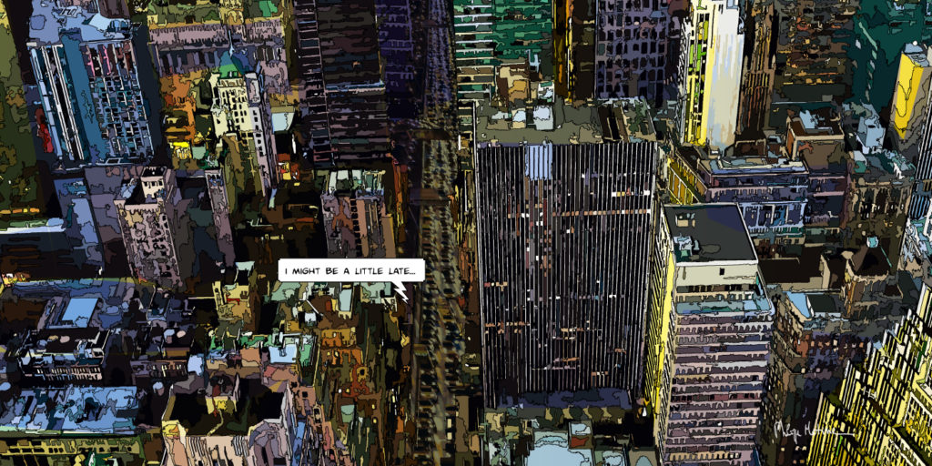Trafic nocturne New York rue animée — art Ligne Claire New York — Philippe Matine