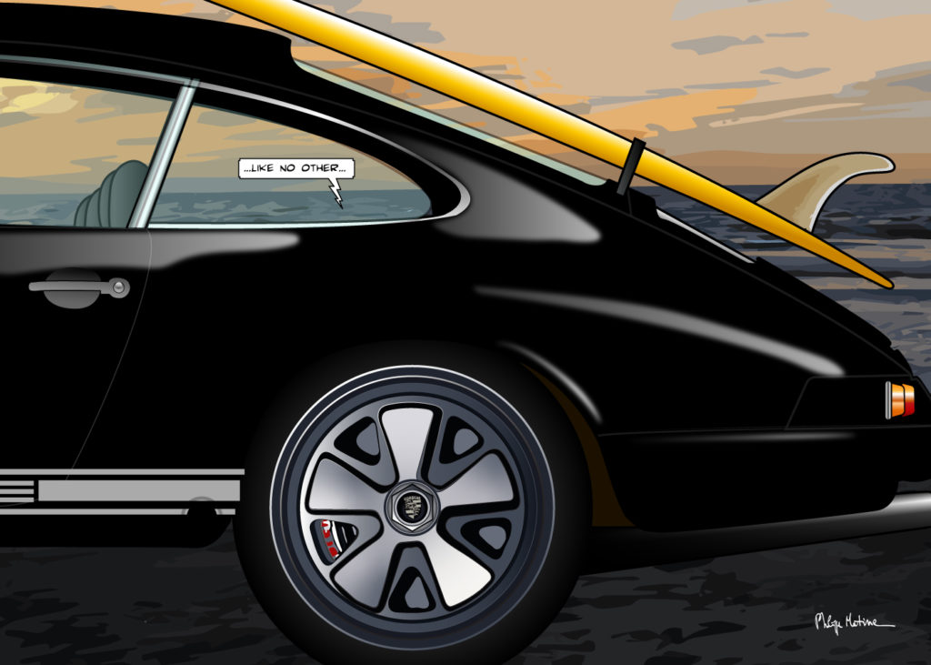 Porsche 911 au bord des vagues — art Ligne Claire Motors — Philippe Matine