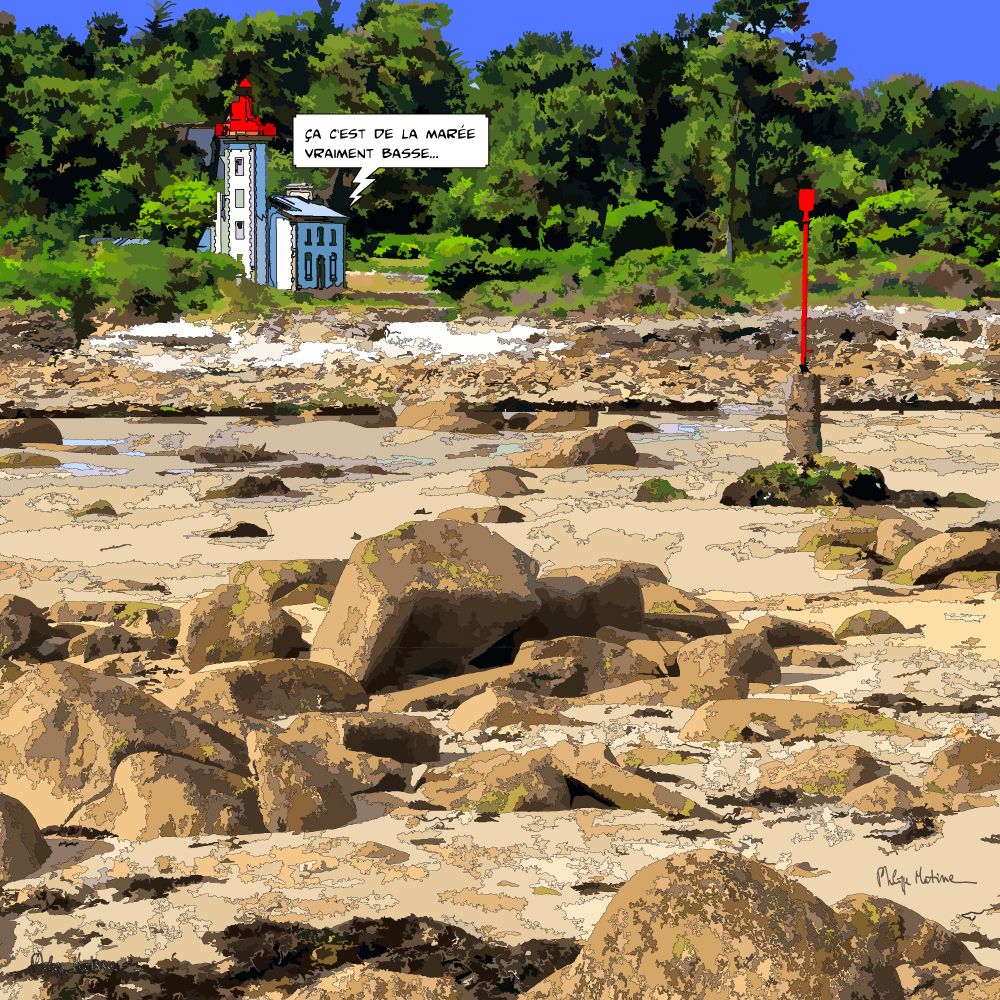 Phare du Morbihan Bretagne rochers — art Ligne Claire Bretagne — Philippe Matine