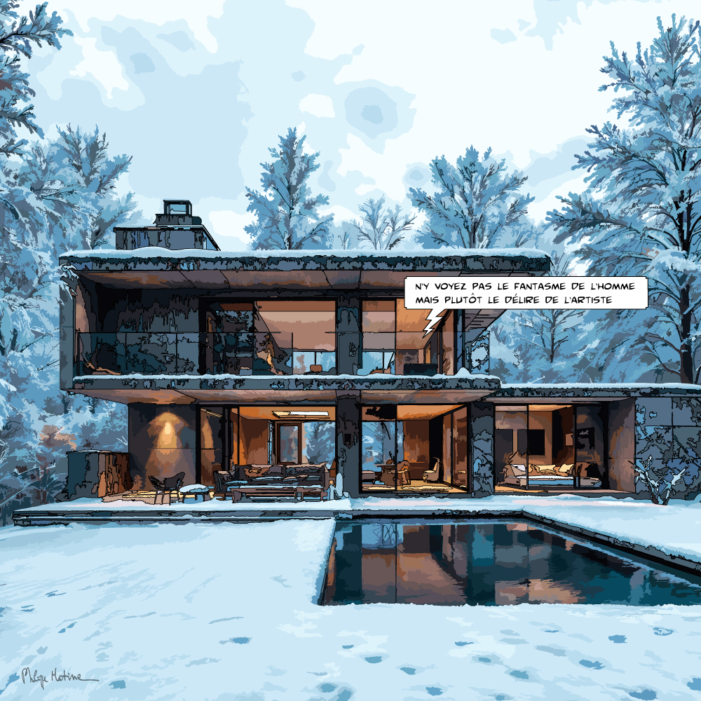 Maison architecturale moderne sous la neige — art Ligne Claire Montagne — Philippe Matine