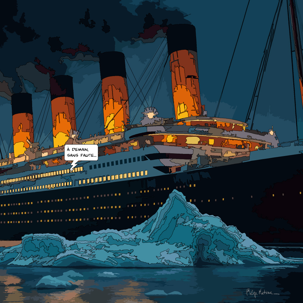 Titanic dans les glaces nuit dramatique — art Ligne Claire Motors — Philippe Matine