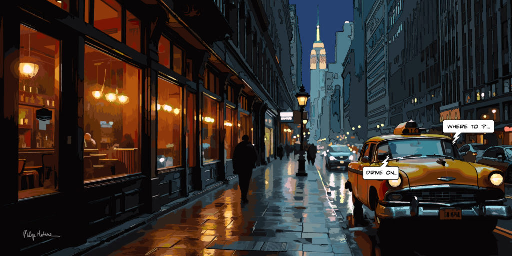 New York sous la pluie nuit mouillée — art Ligne Claire New York — Philippe Matine