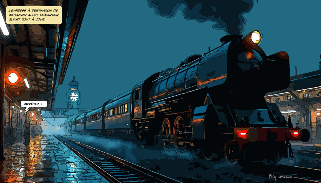 Locomotive à vapeur en gare — art Ligne Claire Motors — Philippe Matine