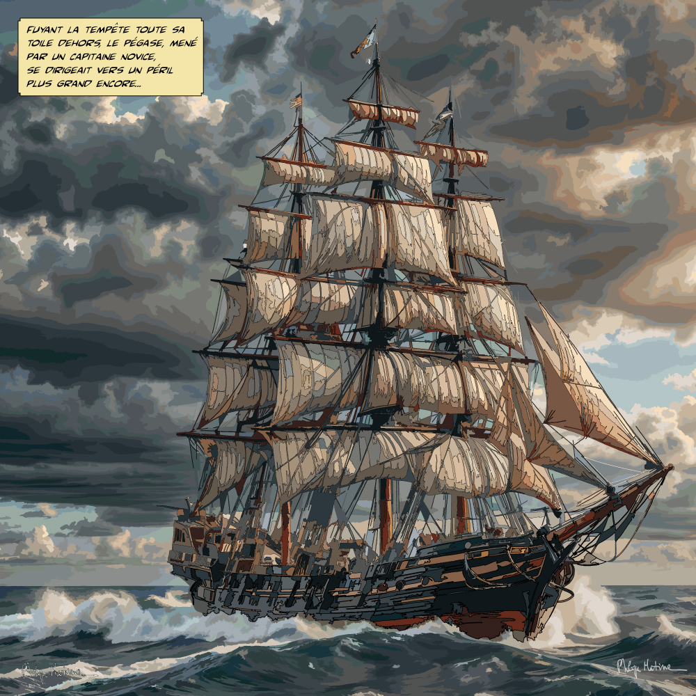 Trois-mâts dans la tempête — art Ligne Claire Motors — Philippe Matine