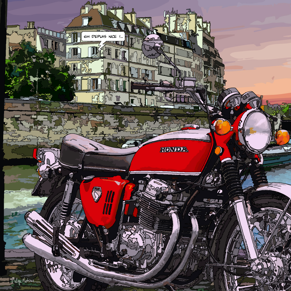Honda 750 Four au bord de la Seine Paris — art Ligne Claire Motors — Philippe Matine