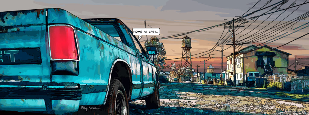 Chevrolet Pickup vintage au bord de l'eau — art Ligne Claire Motors — Philippe Matine