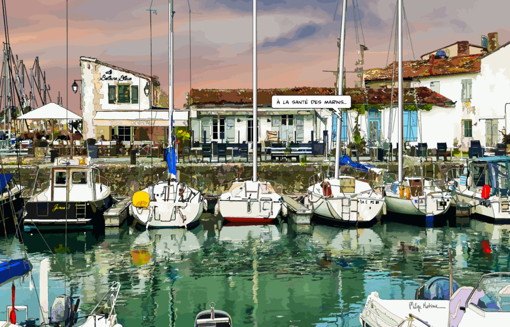 Bateaux à quai port Île de Ré — art Ligne Claire Nantes — Philippe Matine