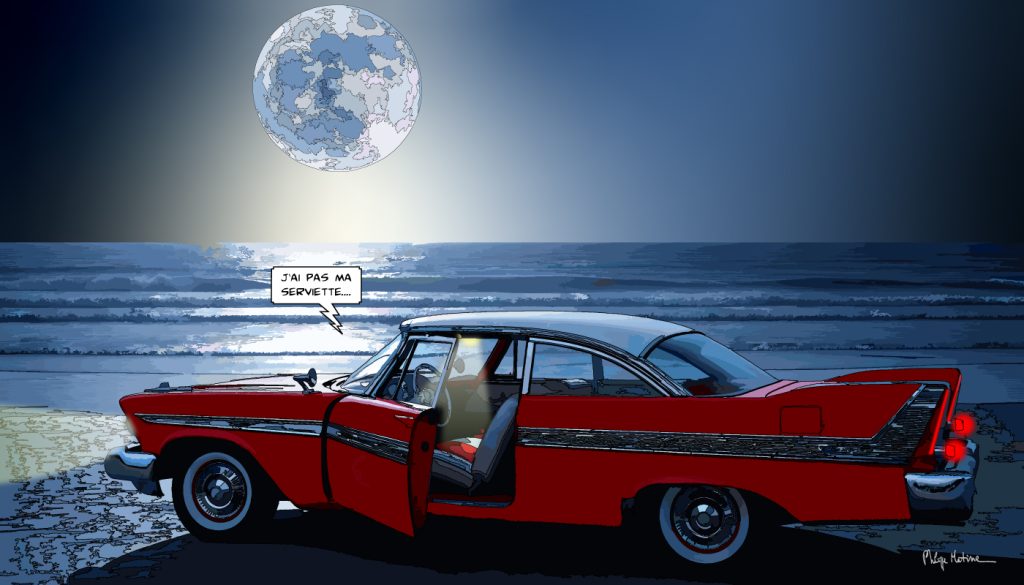 Voiture Christine sur une plage — art Ligne Claire Motors — Philippe Matine