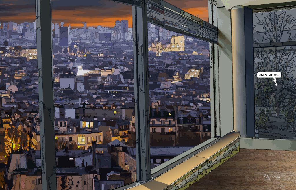 Loft parisien la nuit vue sur Paris — art Ligne Claire Paris — Philippe Matine