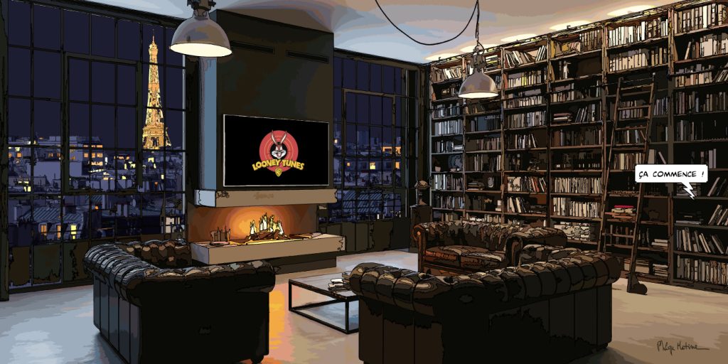 Salon avec cheminée loft parisien — art Ligne Claire Paris — Philippe Matine