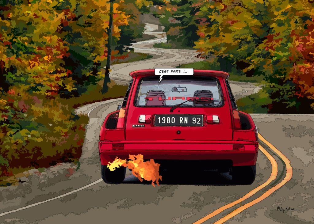 Renault 5 Turbo 2 sur route — art Ligne Claire Motors — Philippe Matine