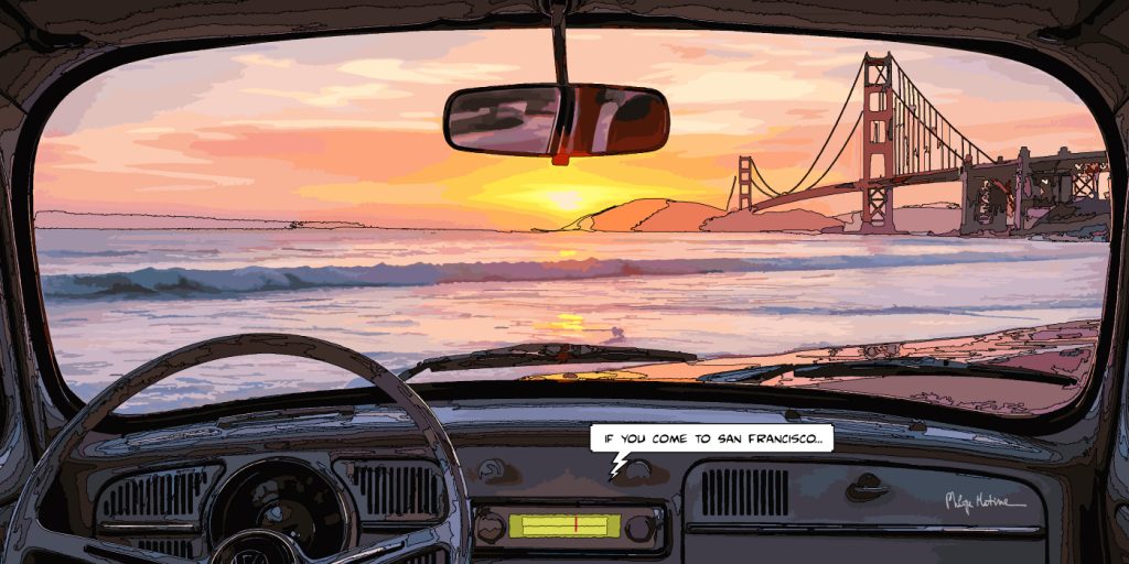 Volkswagen Beetle San Francisco coucher de soleil — art Ligne Claire Motors — Philippe Matine