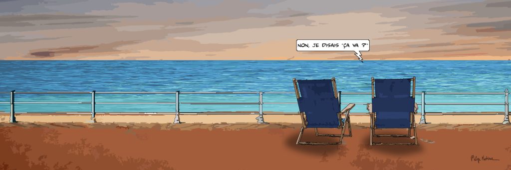 Barrière de plage méditerranéenne chaise bleue — art Ligne Claire Marseille — Philippe Matine