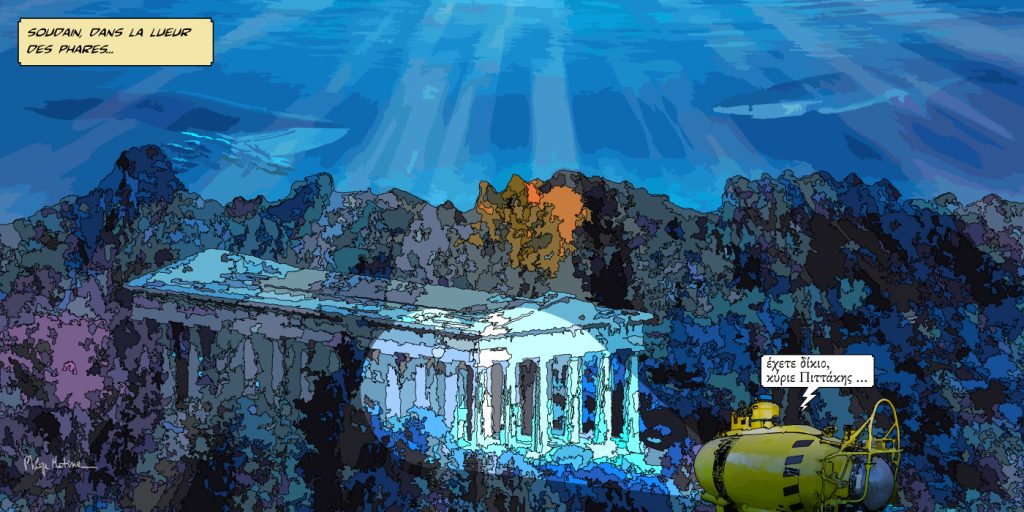 Temple grec immergé sous la lumière — art Ligne Claire Grèce — Philippe Matine