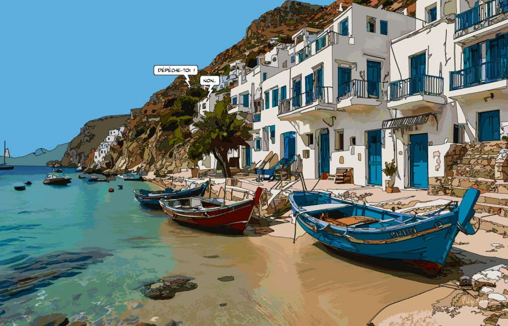 Port d'une île grecque bateaux colorés — art Ligne Claire Grèce — Philippe Matine