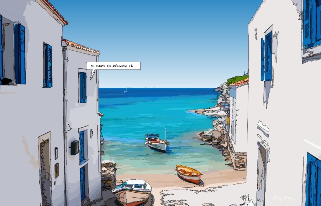 Ruelle d'Ithaque Grèce vue sur la mer — art Ligne Claire Grèce — Philippe Matine
