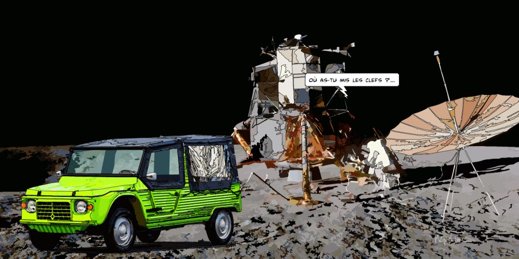 Citroën Méhari sur la Lune — art Ligne Claire Motors — Philippe Matine