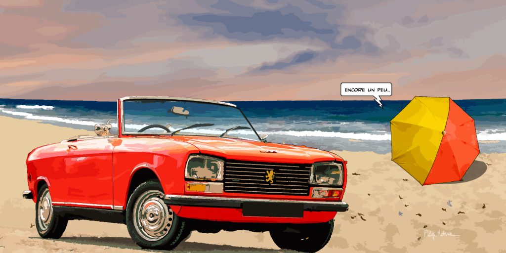 Peugeot 304 cabriolet plage — art Ligne Claire Motors — Philippe Matine