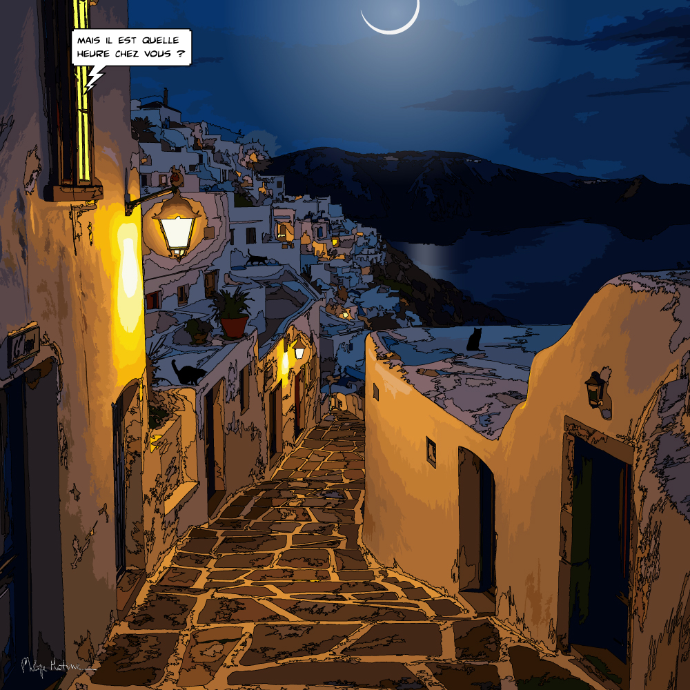 Santorin la nuit ruelles et lumières — art Ligne Claire Grèce — Philippe Matine