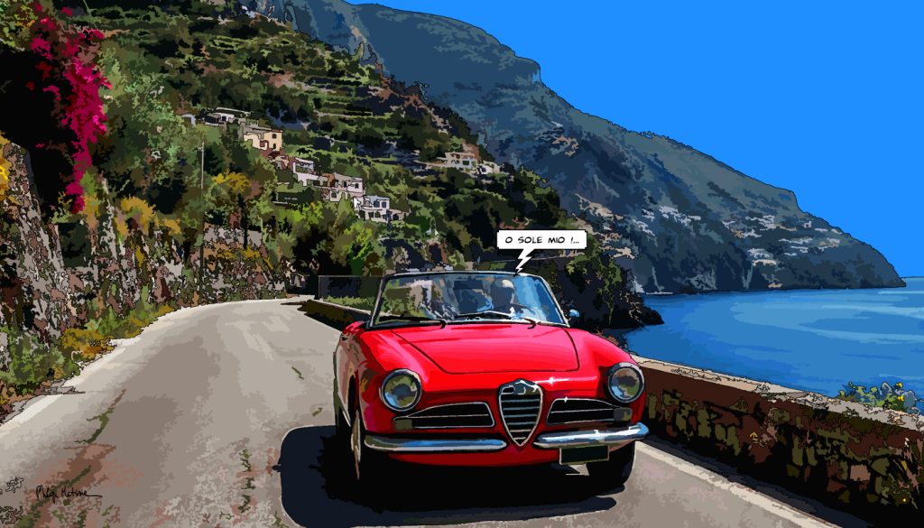 Alfa Romeo Corniche soleil méditerranéen — art Ligne Claire Motors — Philippe Matine
