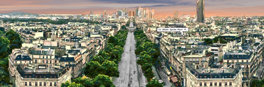 Vue aérienne des Champs-Élysées pendant le confinement — art Ligne Claire Paris — Philippe Matine
