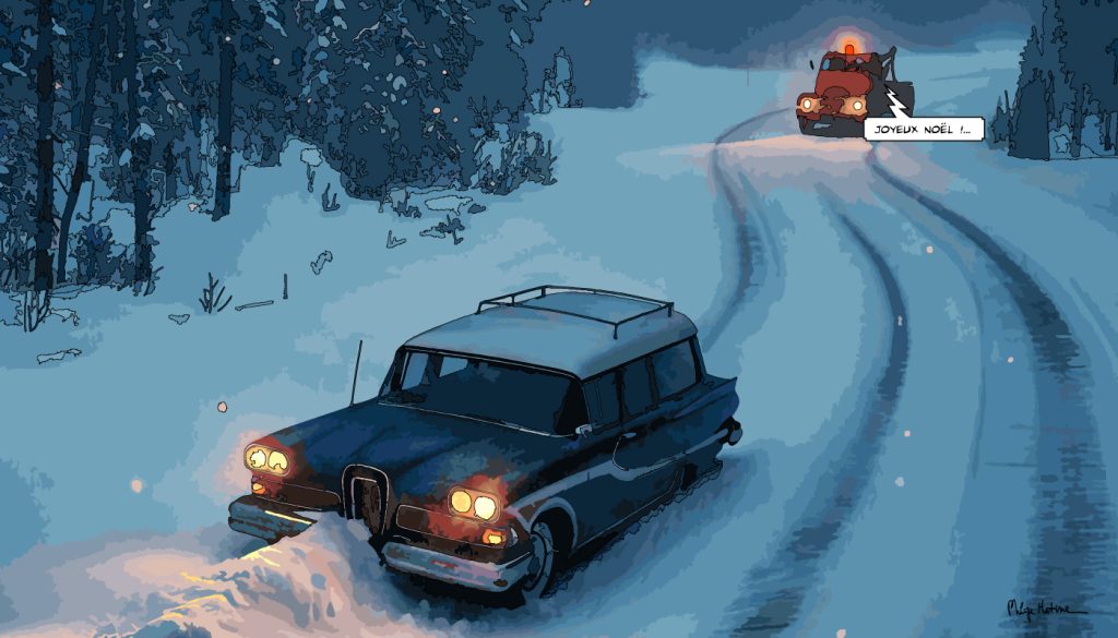 Ford Edsel sous la neige Noël — art Ligne Claire Motors — Philippe Matine