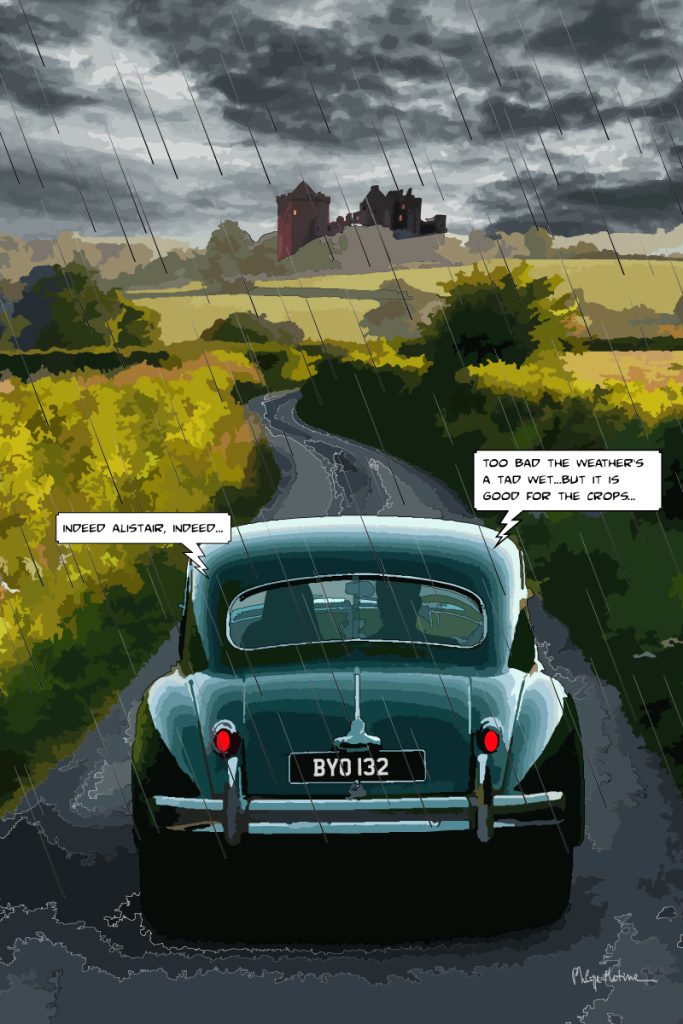 Jaguar XK150 route campagne britannique — art Ligne Claire London — Philippe Matine