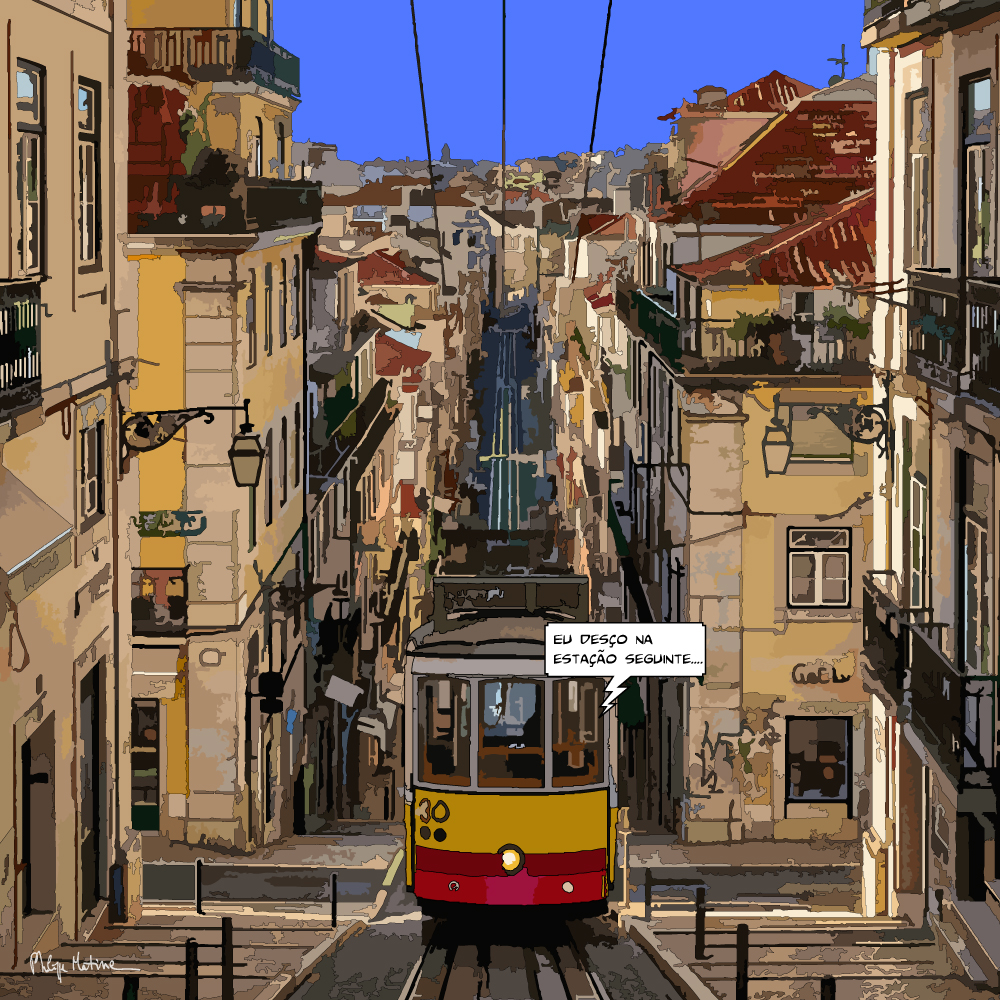 Tram jaune Lisbonne rue historique — art Ligne Claire Portugal — Philippe Matine