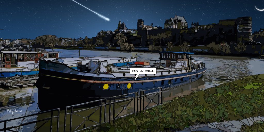 Péniches sur la Maine Angers la nuit — art Ligne Claire Angers — Philippe Matine