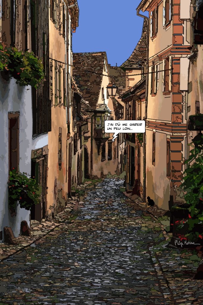 Rue de Riquewihr Alsace maisons à colombages — art Ligne Claire Strasbourg — Philippe Matine