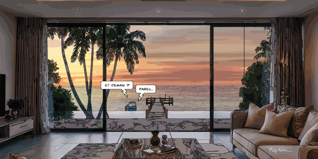 Maison au bord de la plage coucher de soleil — art Ligne Claire Intérieurs — Philippe Matine