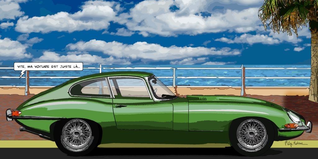Jaguar Type E plage cabriolet — art Ligne Claire Motors — Philippe Matine