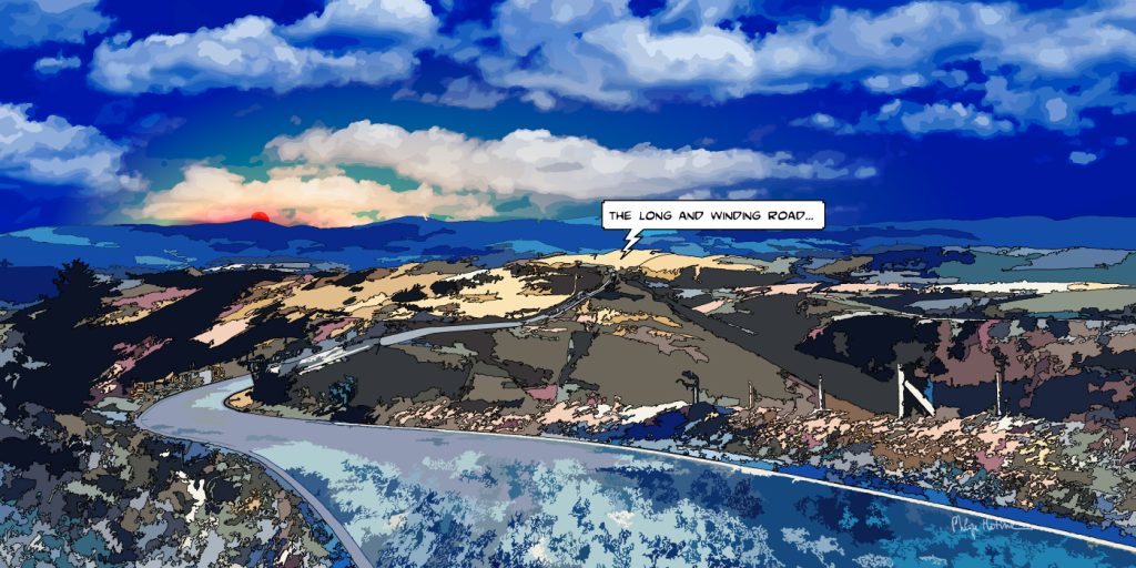 Route sinueuse campagne anglaise — art Ligne Claire London — Philippe Matine